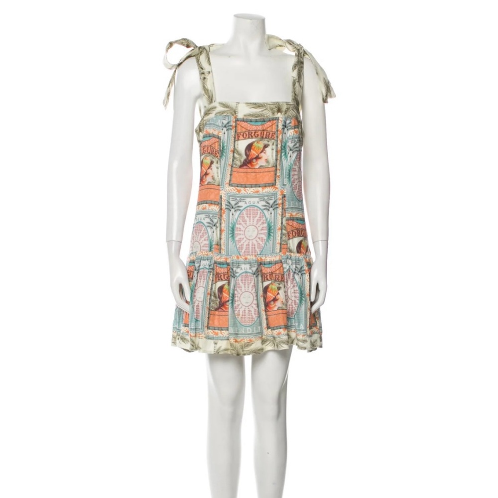 Agua Bendita Mint, Coral and Cream Printed Tie-Shoulder Mini Dress